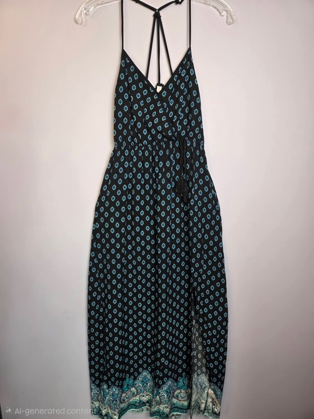 Black Teal Maxi Dress Medium Diamond Print Paisley Hem  Boho Hippie Festival
